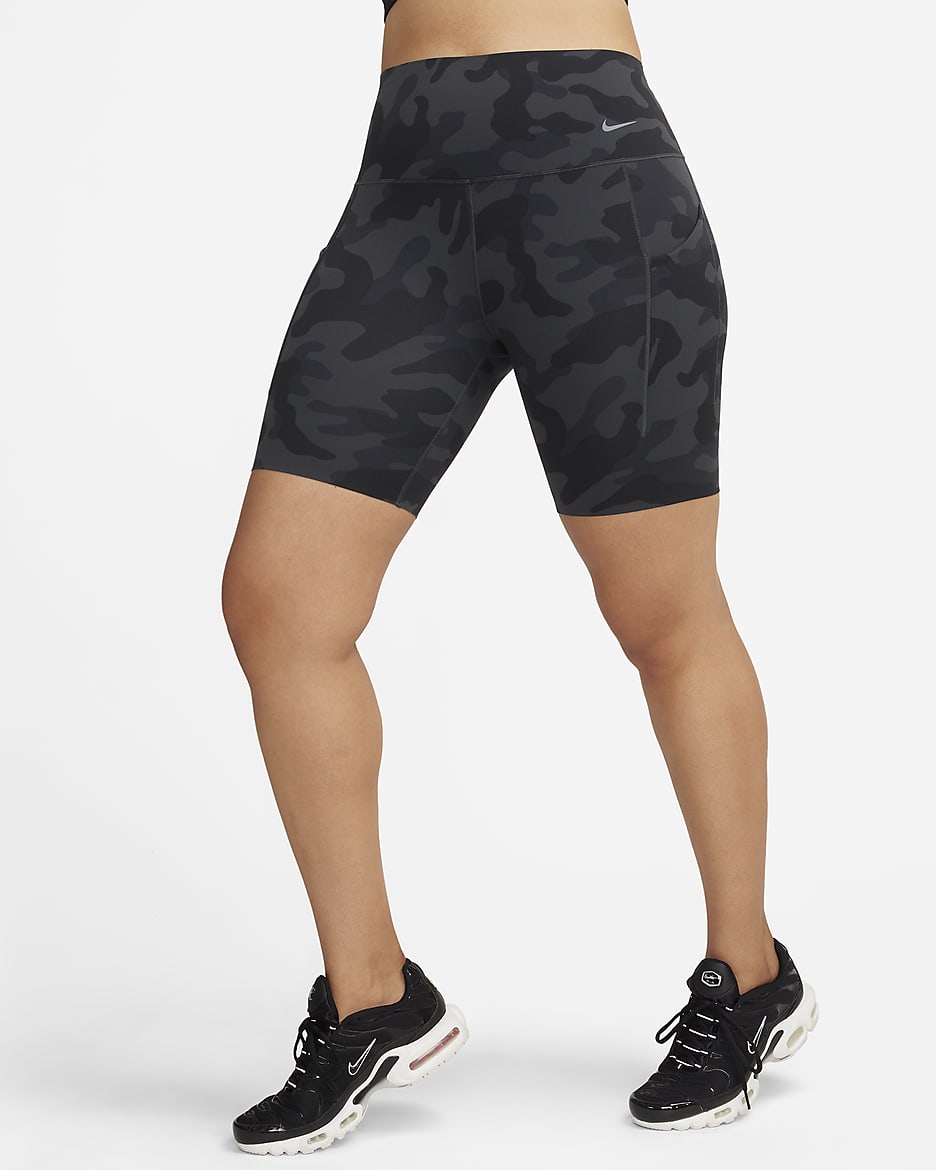 Nike Universa Women s Medium Support High Waisted 8 Camo Biker Shorts with Pockets. Nike